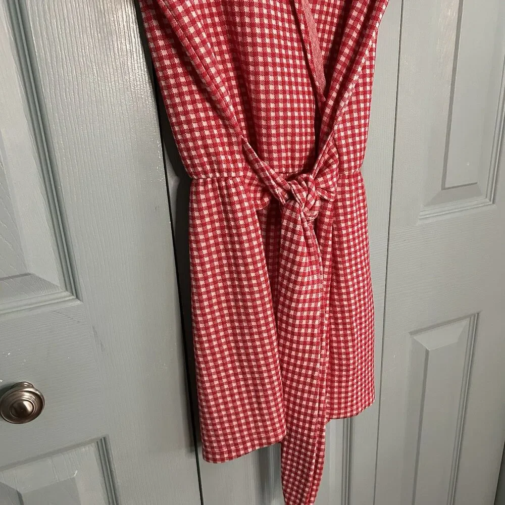 Zara Trafaluc TRF Women Red Check V-Neck‎ Waist Tie Wrap Romper Small